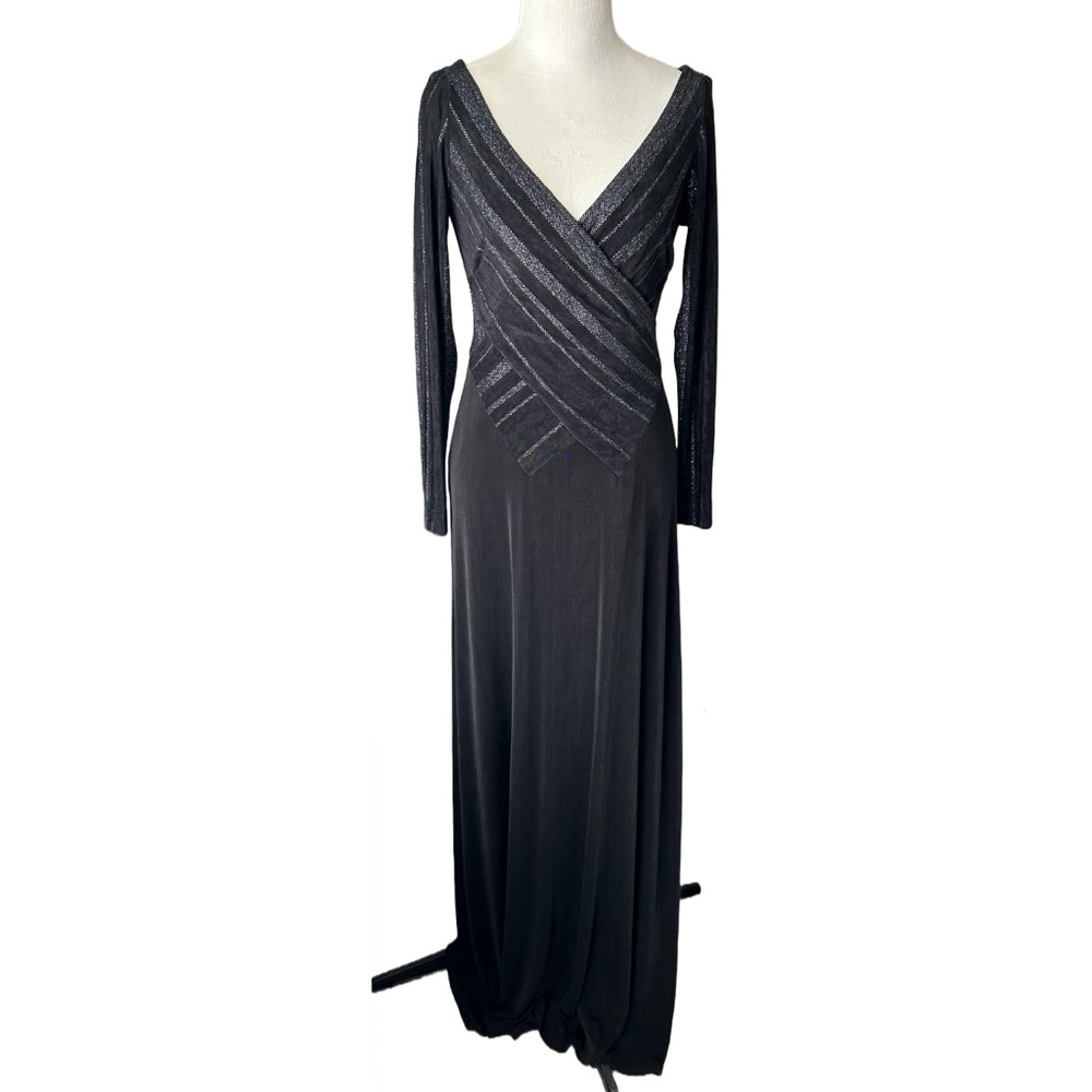 Vintage Tadashi slinky black & silver wrap front long sleeve evening gown formal